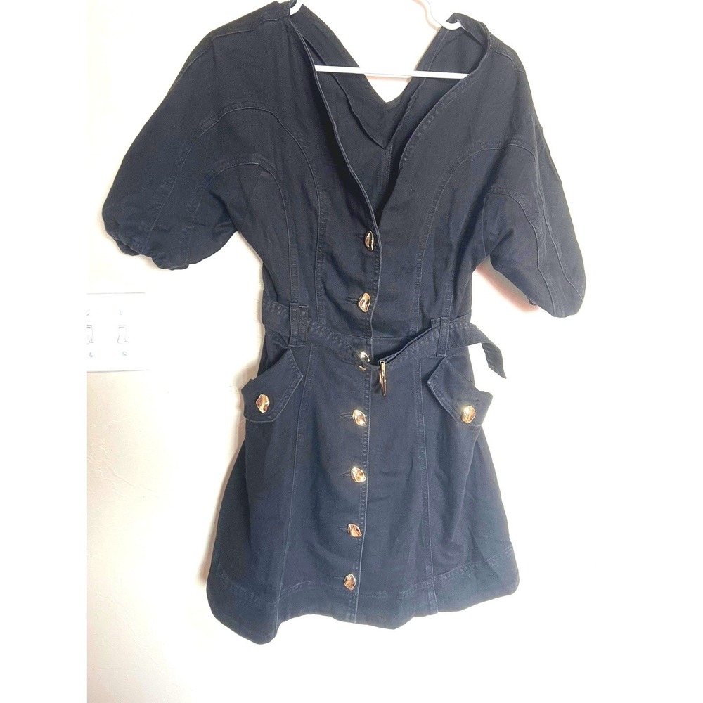 Commense Black Denim Puff Sleeve Belted Mini Dress Gold Dark academia work XS - Picture 2 of 9